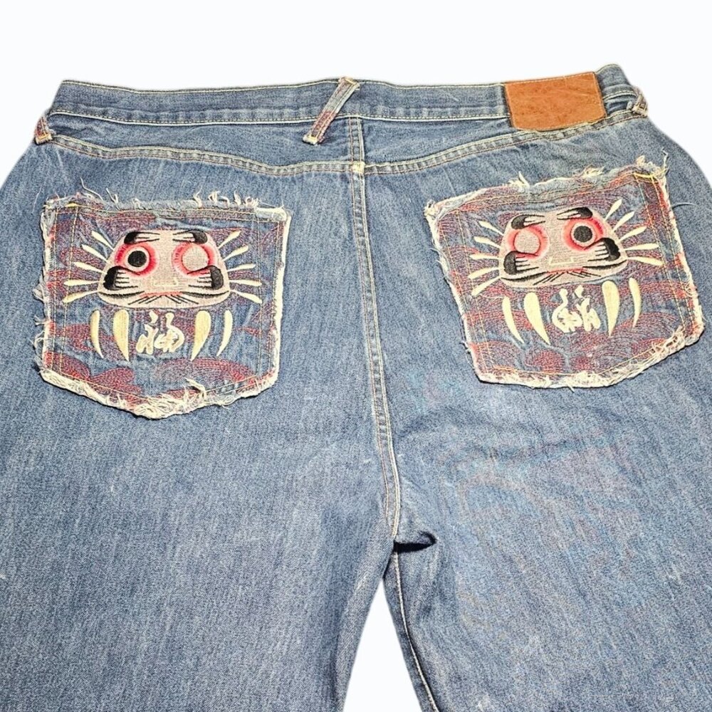 RMC Red Monkey Mens Jean Shorts 38 Denim Button Fly Embroidered Pocket & Hem Y2K